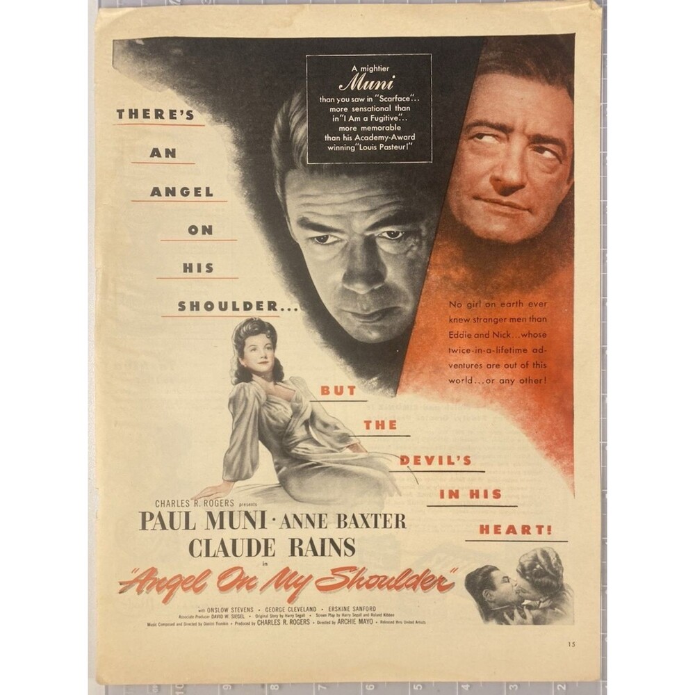 Paul Muni & Anne Baxter "Angel on My Shoulder" Vintage Print Ad '46 Claude Rains